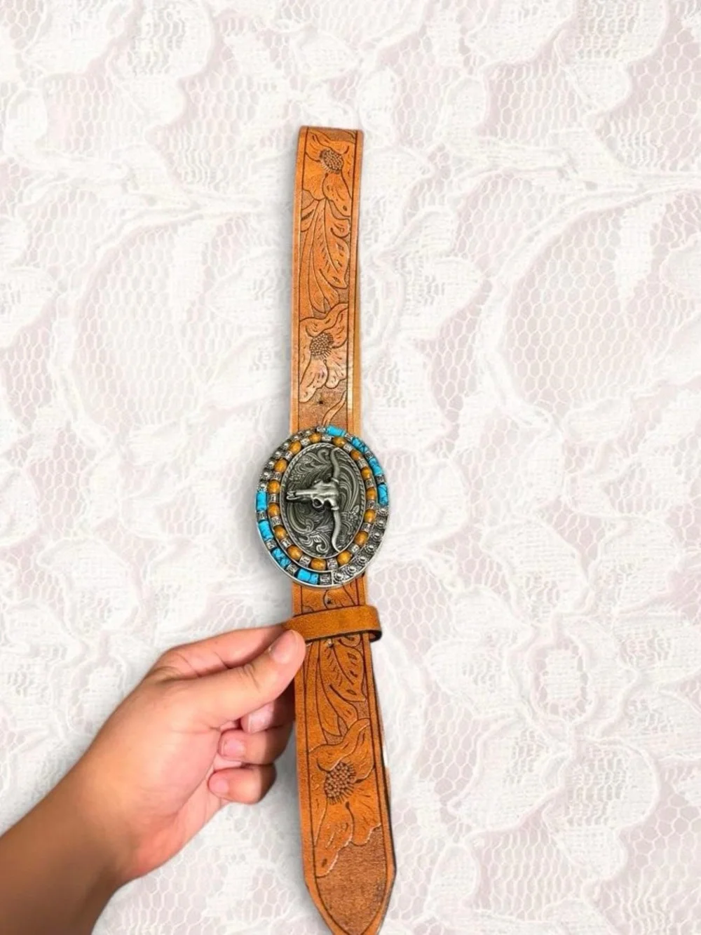 Western Turquoise Tooled Leather Belt with Statement Buckle